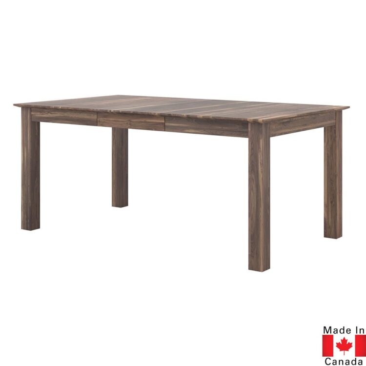 Rectangular dining table with square legs in natural walnut wood.